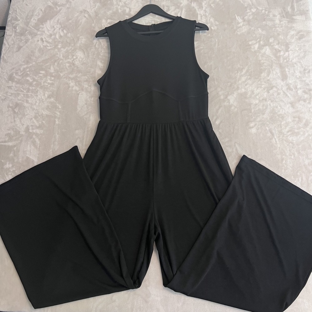 Cider Jumpsuit Womens XL Black Wide Leg Ribbed Stretch Minimalist Travel Comfort